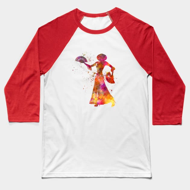 Gypsy woman dancing flamenco dancer silhouette in watercolor Baseball T-Shirt by PaulrommerArt